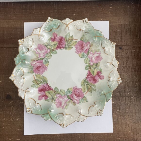 Antique M.Z. Austria Embossed Porcelain Plate – Pink Roses & Gold Trim – c.1 - Picture 4 of 5